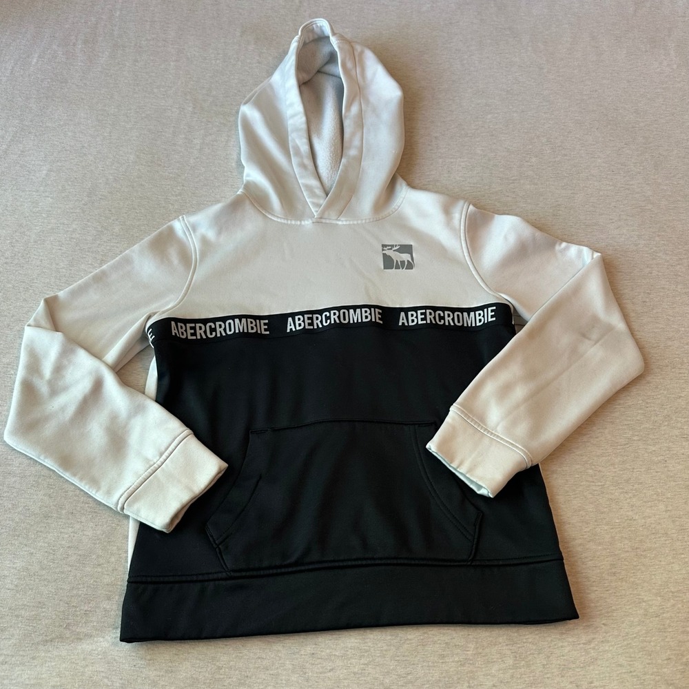 Abercrombie Kids White Black Colorblock Logo Pullover Hoodie Size 11/12‎